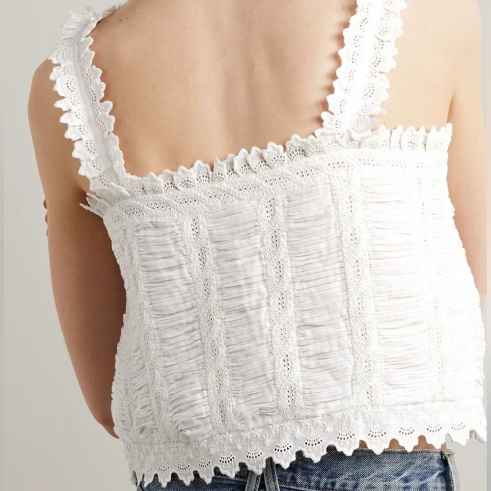 Doen Ari Cotton Ruched Scallop Ruffle Button Eyelet Cami Tank Crop Top Salt - Picture 3 of 9